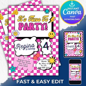 Invitación editable con parche preppy, invitación de cumpleaños con parche universitario retro, invitación editable con cara sonriente "Let's Party" (descargar)