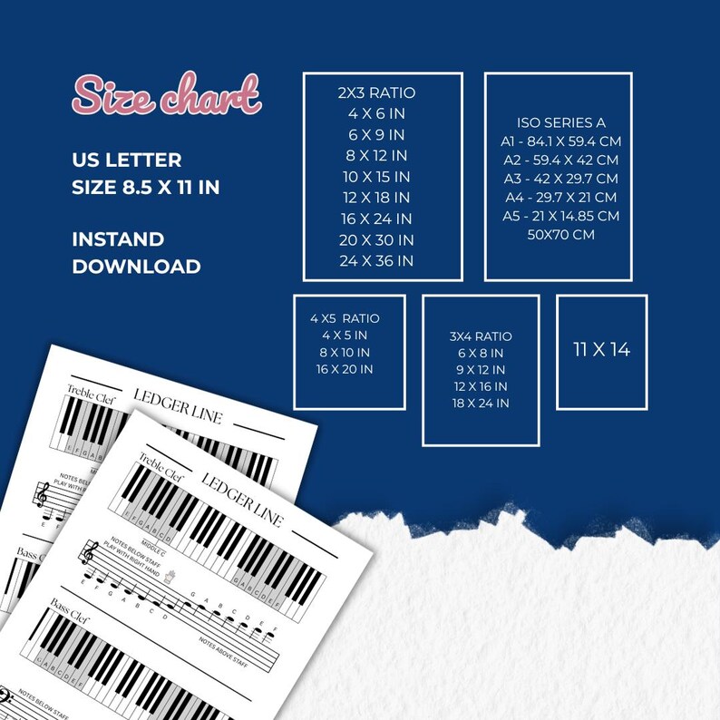 Ledger Lines Poster, Piano Cheat Sheet, Treble & Bass Clef Notes Above ...