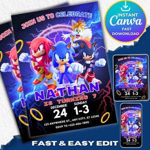 Sonic 3 Geburtstagseinladung, Super Sonic Party Einladung, Super Igel Jungen Party einladen, Bearbeitbare Sonic Invite Vorlage, Canva Vorlage