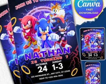 Sonic Birthday Invitation: Editable Hedgehog Party Invite (Canva Template)