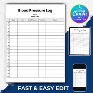 Editable Printable Blood Pressure Log, Blood Pressure Tracker, Medical Tracker, BP Tracker, Daily Blood Pressure, Blood Pressure Chart