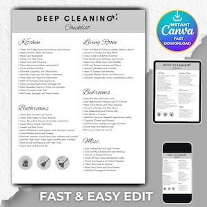 May include: A black and white checklist titled "DEEP CLEANING" with cleaning tasks for kitchen, living room, bathrooms, bedrooms, and miscellaneous areas. Includes a Canva logo for instant download.