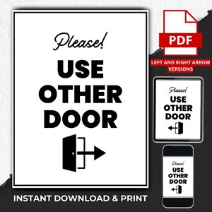 Printable Please Use Other Door Signs, Side Door Sign, Other Door Sign, Left and Right Arrow Versions, US Letter and A4 Sizes, Download PDF