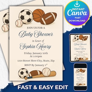 Editable Sports Baby Shower Invitation, All Star Baseball Football Basketball Soccer Baby Shower Invitation, Editable Sports