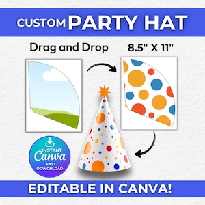 May include: A custom party hat design with the text "CUSTOM PARTY HAT" and "Drag and Drop 21.6cm X 28cm". The hat is white with colorful polka dots and a star on top. The design is editable in Canva.