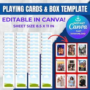 May include: A playing card and box template with the text "PLAYING CARDS & BOX TEMPLATE" and "EDITABLE IN CANVA!" The sheet size is 8.5 x 11 inches. The image shows a deck of cards with photo placeholders and a sample of cards with photos.