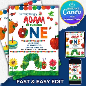 Very Hungry Caterpillar First Birthday Invitation, Editable Hungry Caterpillar Invite, Kid Invitation, Caterpillar Invitation Template
