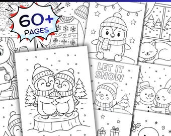 May include: A collection of winter-themed coloring pages. The pages feature various winter scenes and characters, including penguins, snowmen, and cozy sweaters. The text "Winter Coloring Pages" and "60+ Pages" are visible.