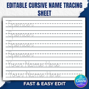 May include: A white sheet with black lines and the text "EDITABLE CURSIVE NAME TRACING SHEET". The sheet has the name "Spencer" written in cursive multiple times, along with lines for tracing and the text "Your Name Here". The sheet also has the text "FAST & EASY EDIT".