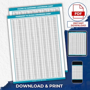 May include: A Celsius to Fahrenheit conversion chart and a Fahrenheit to Celsius conversion chart are displayed. The charts are white with black text and blue borders. The words "DOWNLOAD & PRINT" are at the bottom.