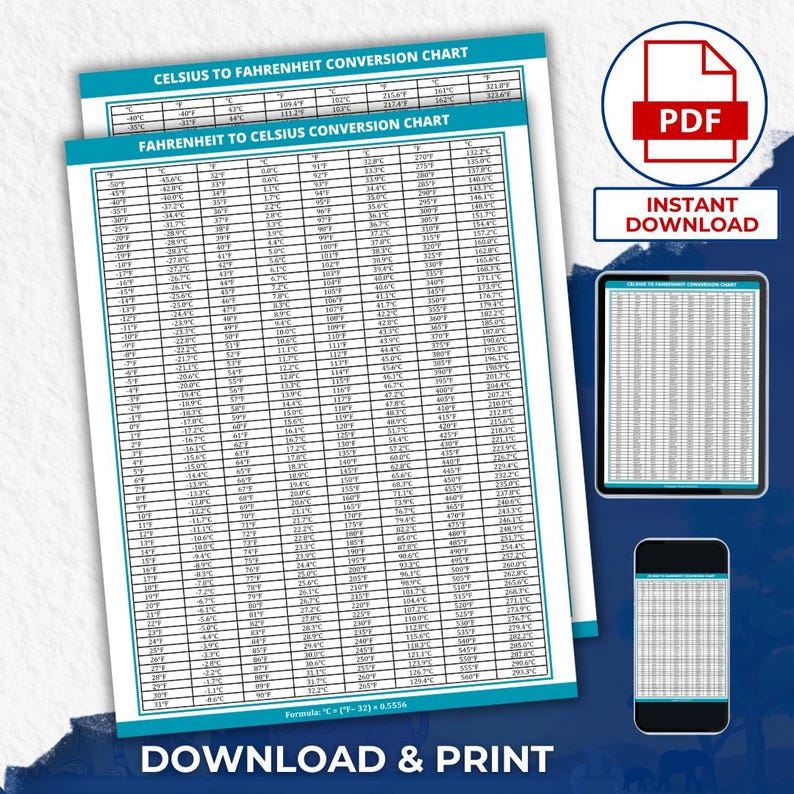 Printable Temperature Conversion Chart: Fahrenheit to Celsius Chart Celsius to Fahrenheit Chart (PDF) Instant Download, temperature chart, celsius fahrenheit, fahrenheit celsius, celsius, fahrenheit, temp guide, degrees fahrenheit, conversion, degrees, degrees celsius, temperature, temperature guide, temperature table