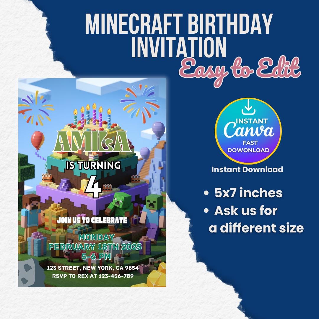 Editable Minecraft Birthday Invitation - Canva Template
