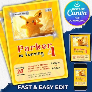 Editable Pikachu Birthday Invitation, Digital Printable Pikachu Invite, Pikachu invite, Birthday Gift Idea, Surprise Gift, Digital Download
