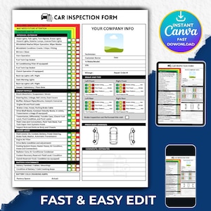 Bewerkbaar voertuiginspectierapport, CANVA-sjabloon Bewerkbare auto- of uitrustingsinspectiechecklist, inspectieblad gebruikte voertuigen, pdf