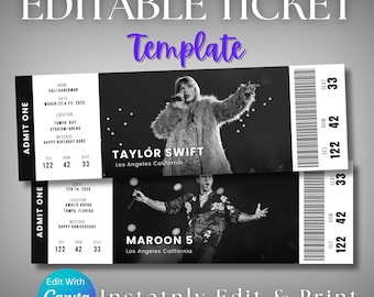 Toile de billet de concert modifiable, modèle de billets de bricolage, billet de concert personnalisé imprimable, idée cadeau d'anniversaire, cadeau surprise, téléchargement numérique