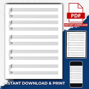 Puede incluir: Un papel de pentagrama imprimible blanco con claves de sol y de fa. La imagen incluye un icono PDF con las palabras "PDF" y "DESCARGA INSTANTÁNEA". Las palabras "DESCARGA INSTANTÁNEA Y IMPRESIÓN" están en la parte inferior. Una tableta y un teléfono muestran el mismo pentagrama.