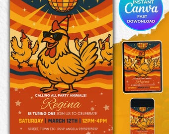 Party Chicken Birthday Party Invitation Digital Editable Template ...