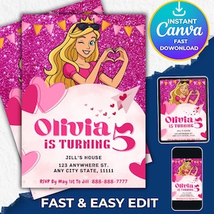 Invito per festa di compleanno con bambola rosa, tema bambola carina per ragazze, download immediato, invito di compleanno modificabile con invito elettronico rosa.