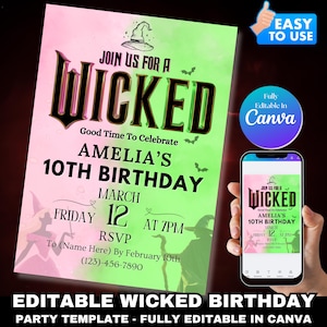 Wicked Geburtstagsfeier-Einladung, Wicked Party-Einladung, WICKED inspirierte Kinokarte, Elphaba & Glinda Theme, Canva Editable, Movie Party