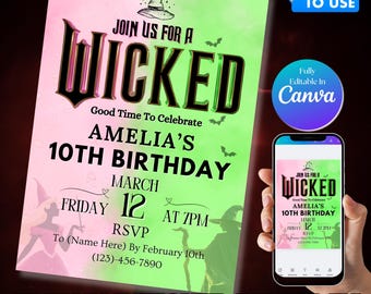Wicked Birthday Party Invitation: Elphaba & Glinda Theme (Canva Editable)