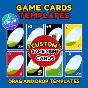 May include: A blue background with the text "GAME CARDS TEMPLATES" in yellow. The image features various game card templates with the text "CUSTOM GAME NIGHT CARDS" in a red circle. The cards have numbers and symbols, with the text "DRAG AND DROP TEMPLATES" at the bottom.