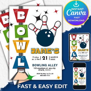 Editable Bowling Party Invitation Template, Editable Bowling Birthday Invitation, Kids Bowling Invitation, Let&#39;s Strike Up Some Fun