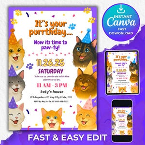 Editable Cat Birthday Invitation Template, Cat Theme Birthday Invitation, Are You Kitten Me Birthday, Paw-ty Birthday Invite, Digital Canva