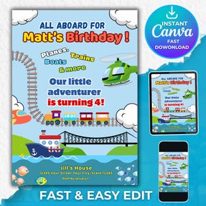 Transportation Birthday Invitation, Train and Boats Birthday, Boats Birthday Invitation, Train, Cars Birthday Invite, Digital Download