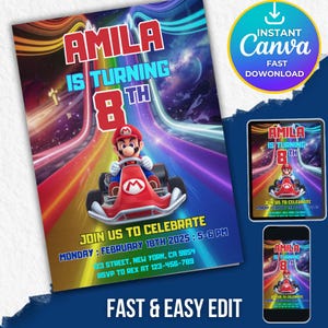 Convite para aniversariante do Mario Kart, convite de aniversário do Mario, cartão com tema de festa de aniversário do Mario, convite digital, convite para impressão do Mario Kart
