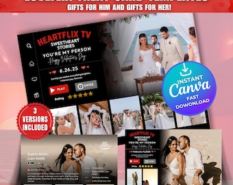 Plantilla editable de Canva para parejas inspiradas en San Valentín, plantillas de tarjetas de regalo de Lovesflix, tarjeta de San Valentín de Canva Heartflix, descarga digital