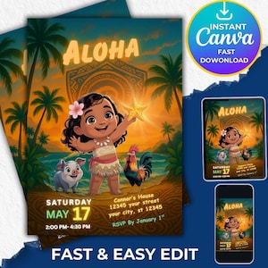 Baby Moana Geburtstagseinladung, bearbeitbare digitale Hawaiian Moana Geburtstag einladen, Kinder Thema Party Einladung, digitale Baby Moana Vorlage