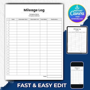 Editable Mileage Log Template, Mileage Tracker Log, Business Mileage, Miles Log, Miles Tracker, Vehicle Mileage, Car Mileage, Driving Log