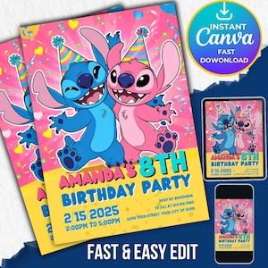 Faire-part d'anniversaire modifiable au point, faire-parts imprimables pour fête d'anniversaire pour enfants, invitation numérique pour fête d'enfants, faire-part anniversaire Lilo et Stitch