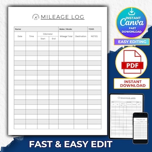Editable Mileage Tracker, Printable Mileage Log, Work Trip Miles Tracker, Business Mileage Log, Monthly Mileage Report Form, Canva & PDF