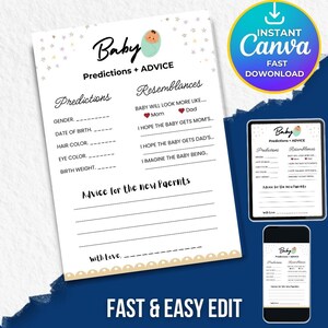 Prédictions et conseils pour baby shower, jeux de baby shower à imprimer, carte de conseils pour baby shower, téléchargement immédiat modifiable