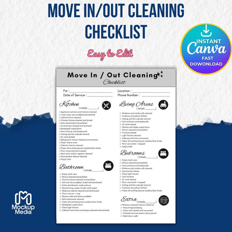 Move in Out Cleaning Checklist, Editable Canva Template, Cleaning