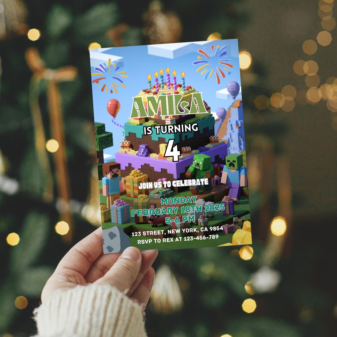 Editable Minecraft Birthday Invitation - Canva Template