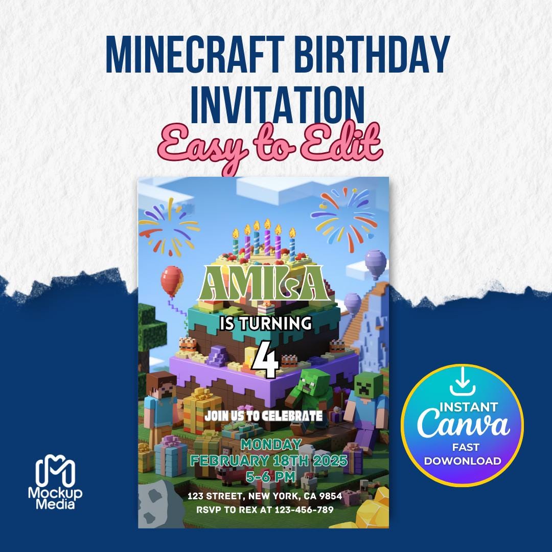 Editable Minecraft Birthday Invitation - Canva Template