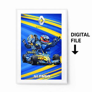 Può includere: File digitale di un'opera d'arte incorniciata con una macchina da corsa di Formula 1 e un pilota in blu e giallo. L'opera include il logo Renault e il nome ALONSO.