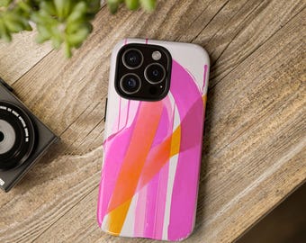 Sunset Rush Phone Case | Abstract Hot Pink & Orange Brushstroke Art | Glossy Dual-Layer Cover | Vibrant Expressionist Tough Case