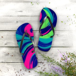 Abstract Swirl Flip Flops: Neon Art Beach Sandals