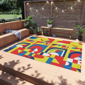 Geometric Outdoor Rug for Patio, Vibrant Area Rug, Non-Slip Mat for Indoor/Outdoor Decor, Colorful Boho Style Rug, Picnic & Event Essential