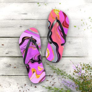 Marbled Flip Flops: Vibrant Abstract Design, Polyester Suede