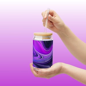 Neon Purple Abstract Glass Tumbler | 16oz Frosted Cup with Bamboo Lid & Glass Straw | LED Inspired Marble Design | Aesthetic Drinkware