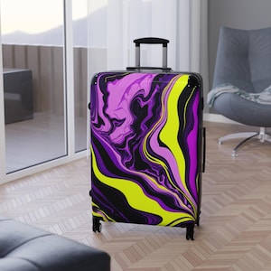 Abstract Marble Suitcase: Neon Purple & Yellow Rolling Luggage