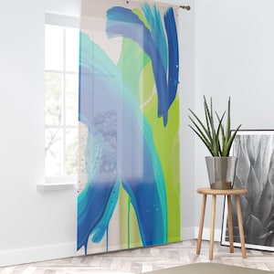 Abstract Brushstroke Curtain: Blue, Aqua & Lime Art Window Drapes