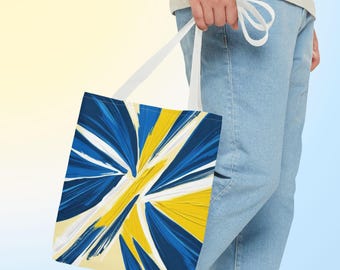 Dynamic Abstract Expressionism Tote Bag | 2025 Trend Colors Cobalt Blue & Lemon Yellow,Artistic Everyday Accessory |Gift for Art Enthusiasts