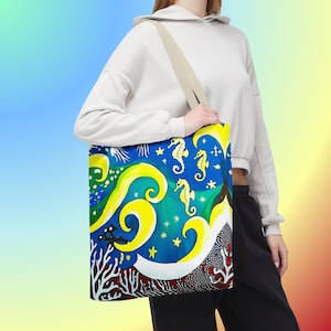 Ocean-Inspired Tote Bag | Abstract Art Beach Bag | Vibrant Seahorse Design | Nautical Gift | Summer Carryall for All Adventures