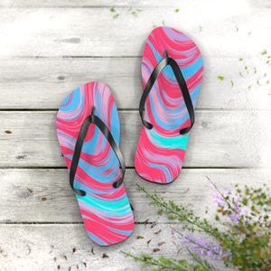 Vibrant Abstract Wave Flip Flops: Fuchsia Aqua Beach Sandals