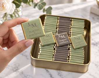 50 stuks elegante chocoladebedankjes voor een bruiloft, gepersonaliseerde chocolade, bedankjes voor gasten, verlovingschocolade, bedankjes voor een vrijgezellenfeest, ronde blikken doos